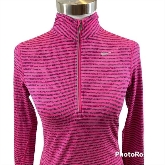 Ladies Nike Running Dri-Fit Long Sleeved 1/4 Zipper Top Pink and Grey Striped XS - Picture 3 of 16